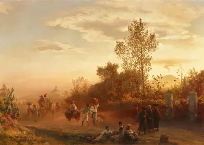 Landstraße bei Neapel mit Vesuv im Hintergrund von Oswald Achenbach