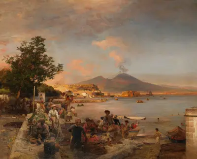 Marktszene bei Neapel mit Blick auf den Vesuv av Oswald Achenbach