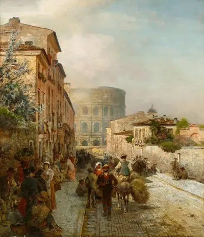 Straße in Rom mit Blick auf das Kolosseum av Oswald Achenbach