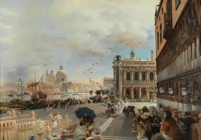 Venice, A View Of The Piazzetta, With The Biblioteca Marciana, Santa Maria Della Salute And The Dogana av Oswald Achenbach