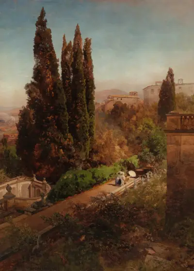 Blick von der Höhe der Gärten der Villa Torlonia, Frascati, Rom von Oswald Achenbach