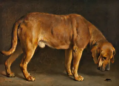 A Broholmer dog looking at a stag beetle av Otto Bache