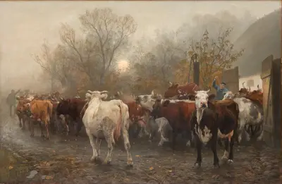 Driving Cows out of the Cowhouse av Otto Bache