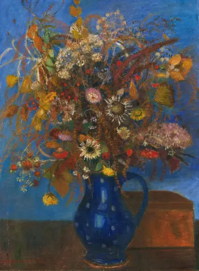 Blumenstrauß im blauen Krug von Otto Modersohn