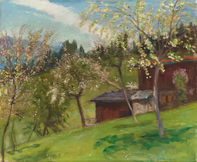 Blühende Bäume hinter Frau Windisch mit unserem Haus von Otto Modersohn