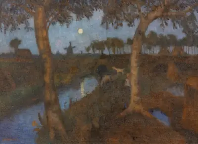 Mondaufgang im Moor. Rückseitig Fuchsheide – blühender Hügel von Otto Modersohn
