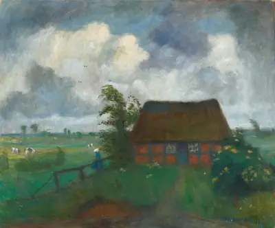 Regenwolken über Gehöft in den Wümmewiesen von Otto Modersohn
