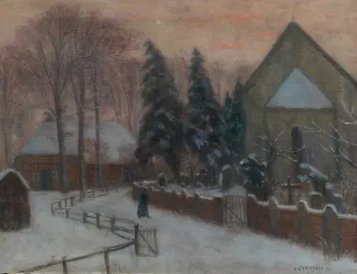 Winterabend, Fischerhuder Kirche mit Heimathaus av Otto Modersohn