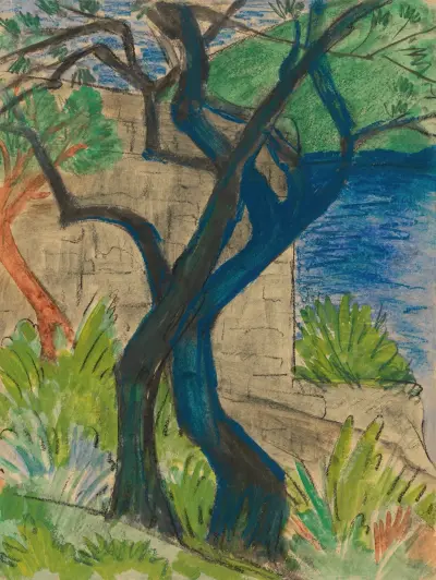 Flussufer mit blauem Baum von Otto Mueller