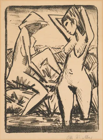 Stående flicka med hatt i vattnet och flicka sittande på stranden (Badande flicka) av Otto Mueller