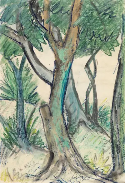 Landschaft mit Bäumen im Vordergrund av Otto Mueller