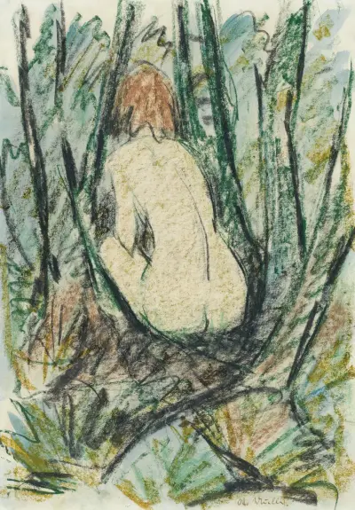 Sitzender Rückenakt im Wald von Otto Mueller