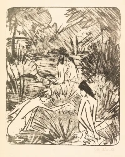 Waldsee mit drei badenden und einem sitzenden Mädchen 2, 1918 – Nr. 2 von Otto Mueller