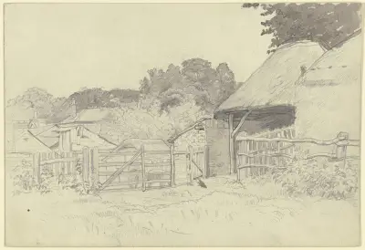 Bauerngehöft mit Baumgruppe av Otto Scholderer