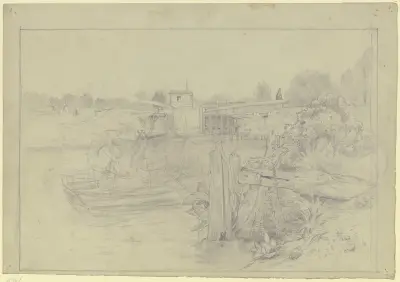 Flusslandschaft mit Ruderbootpartie und Schleuse av Otto Scholderer