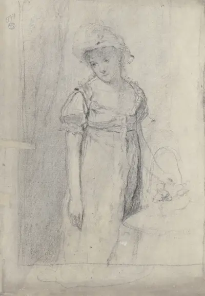Junge Dame mit Hut und Blumenkorb, an einem Tisch stehend von Otto Scholderer