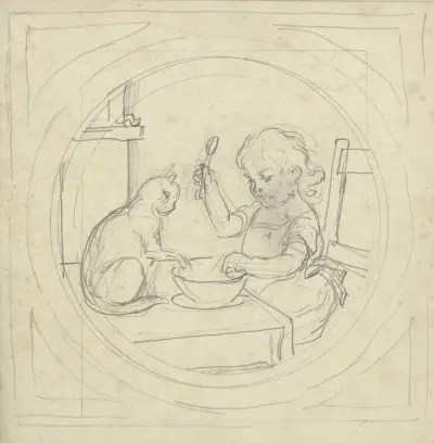 Kind am Esstisch mit Katze – Nr. 2 von Otto Scholderer