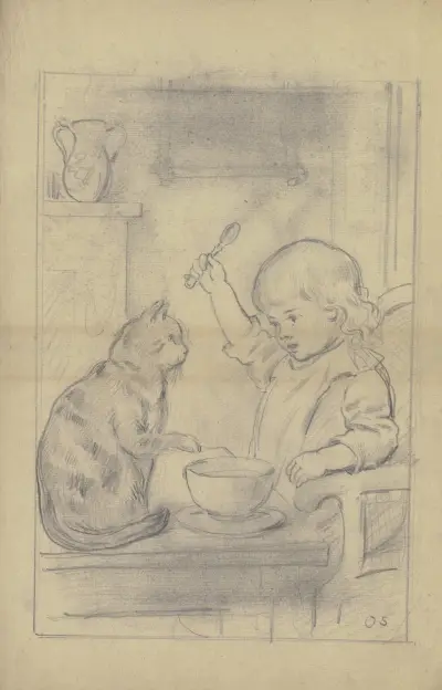 Kind am Esstisch mit Katze – Nr. 1 von Otto Scholderer