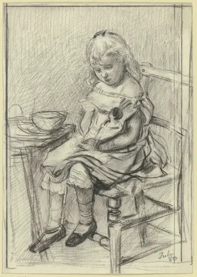 Kleines Mädchen, eine Puppe fütternd von Otto Scholderer