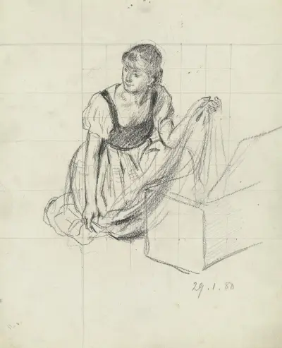 Kniende vor einer Kiste aus der 'Vorbereitung zum Kostümball', 1880 – Nr. 2 von Otto Scholderer
