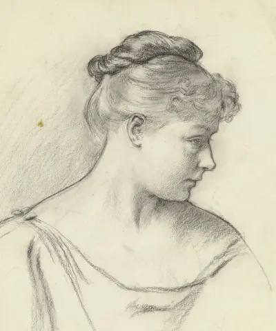 Kopf der Sitzenden aus der 'Vorbereitung zum Kostümball', 1879 – Nr. 2 von Otto Scholderer