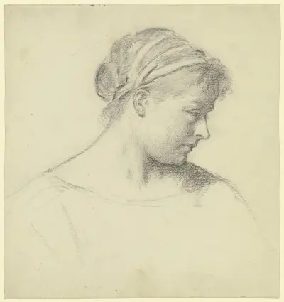 Kopf der Sitzenden aus der 'Vorbereitung zum Kostümball', 1879 – Nr. 1 von Otto Scholderer