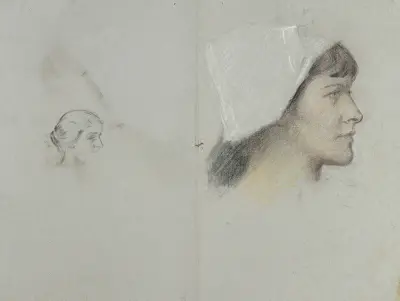 Kopf einer jungen Frau mit Haube im Profil nach rechts von Otto Scholderer
