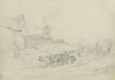 Landschaft mit Viehtrieb und Windmühle von Otto Scholderer