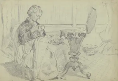 Luise Scholderer am Nähtisch, mit einer Handarbeit, 1871 – Nr. 1 von Otto Scholderer