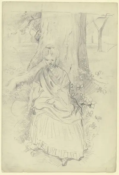 Luise Scholderer, an einem Baumstamm sitzend von Otto Scholderer