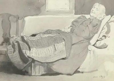 Luise Scholderer auf dem Sofa schlafend von Otto Scholderer