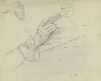 Luise Scholderer, ein Buch lesend, Detail der Hand, sowie Kopf eines bärtigen Mannes im Profil nach links von Otto Scholderer