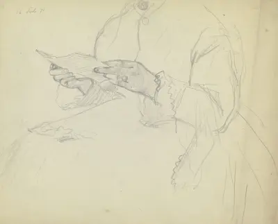 Luise Scholderer, ein Buch lesend, Detail der Hand von Otto Scholderer