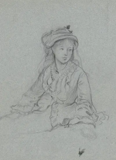 Luise Scholderer in Rüschenjacke und mit Hut, Halbfigur, sitzend von Otto Scholderer
