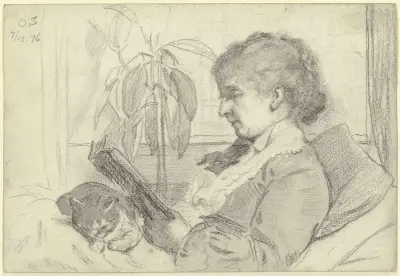 Luise Scholderer lesend mit Katze von Otto Scholderer