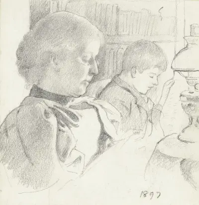 Luise Scholderer und Victor beim Lesen von Otto Scholderer