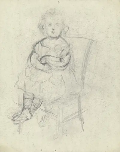 Mädchen mit Puppe auf einem Stuhl sitzend von Otto Scholderer