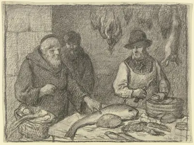 Mnich z handlarzem ryb, 1890, Otto Scholderer