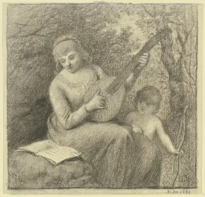Musizierende Frau mit Amorknaben von Otto Scholderer