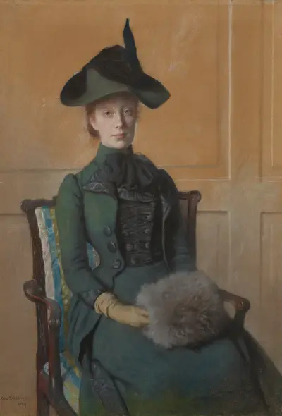 Porträt von Elizabeth Bruel sitzend, mit den Händen in einem Muff von Otto Scholderer