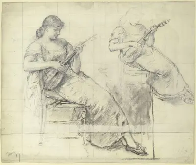 Sitzende junge Frau, Mandoline spielend, 1879 – Nr. 2 von Otto Scholderer