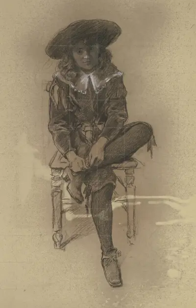 Sitzender Knabe in historischer Tracht aus der ‚Vorbereitung zum Kostümball‘ von Otto Scholderer