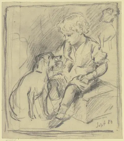 Sitzender Knabe mit sitzendem Hund, 1880 – Nr. 2 von Otto Scholderer