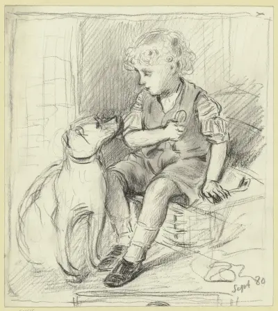 Sitzender Knabe mit sitzendem Hund, 1880 – Nr. 1 von Otto Scholderer
