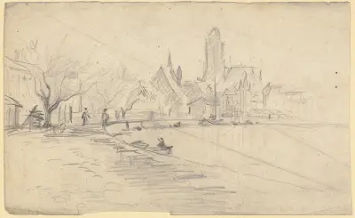 Stad med gotisk kyrka vid floden av Otto Scholderer