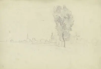 Stadt mit Windmühle und Baumreihe – Nr. 1 von Otto Scholderer