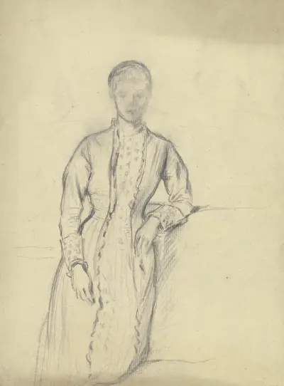 Stehende Frau im hochgeschlossenen Rüschenkleid von Otto Scholderer