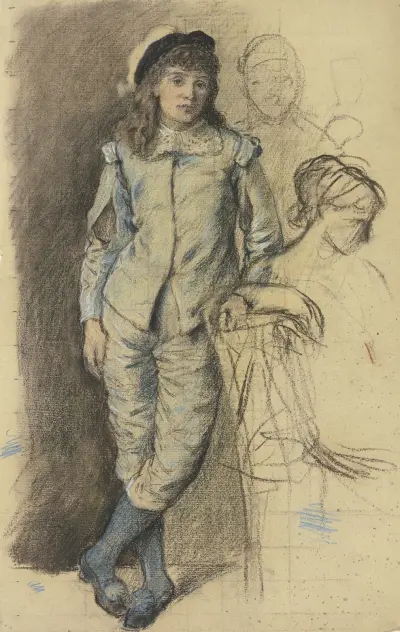 Stehender Junge in blauem Kostüm aus den „Maskierten“ von Otto Scholderer