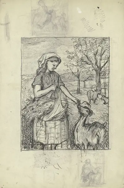 Stehendes Mädchen, eine Ziege fütternd von Otto Scholderer