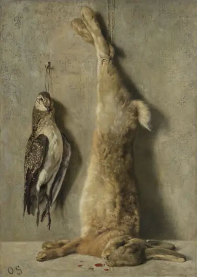 Martwa natura z martwym zającem i perlicą na tle szarej ściany, Otto Scholderer